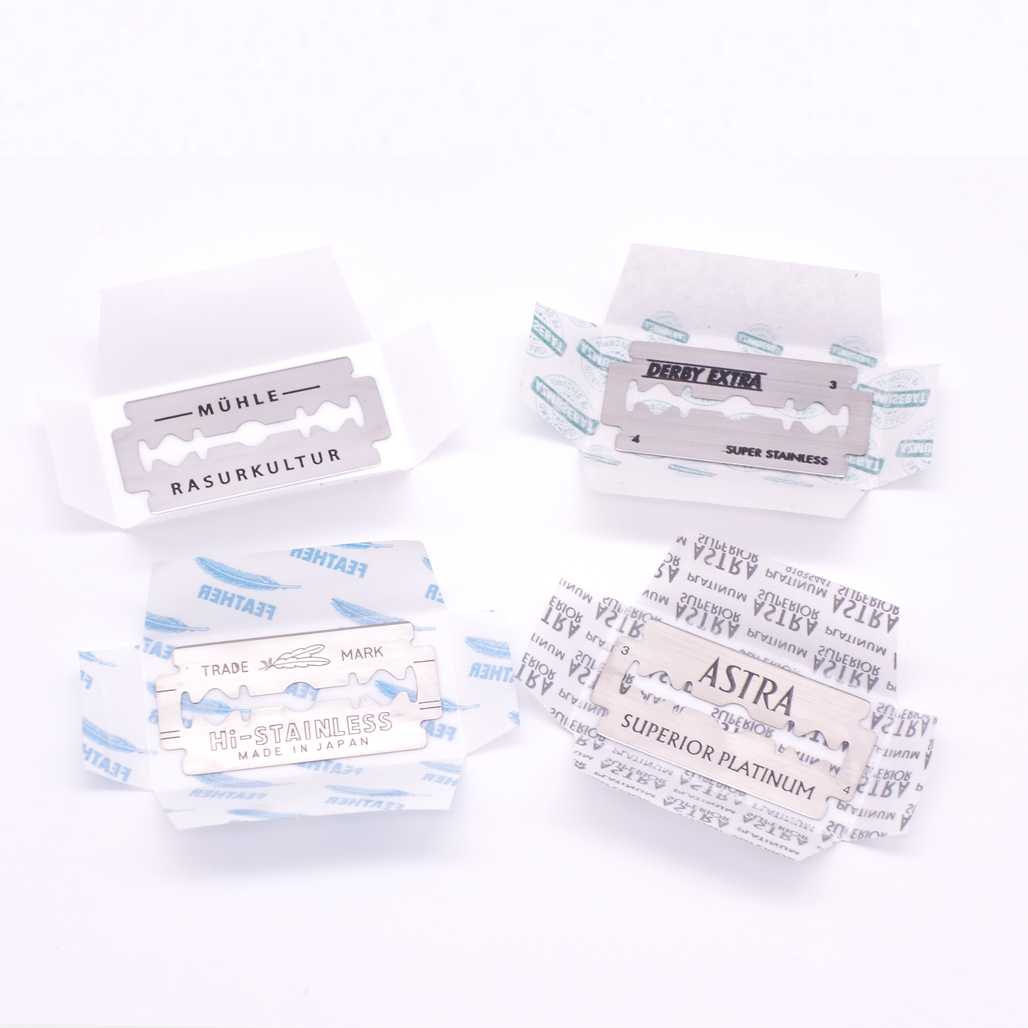 4 Rasierklingen zum Testen - Astra Superior, Derby Extra, Feather und MÜHLE