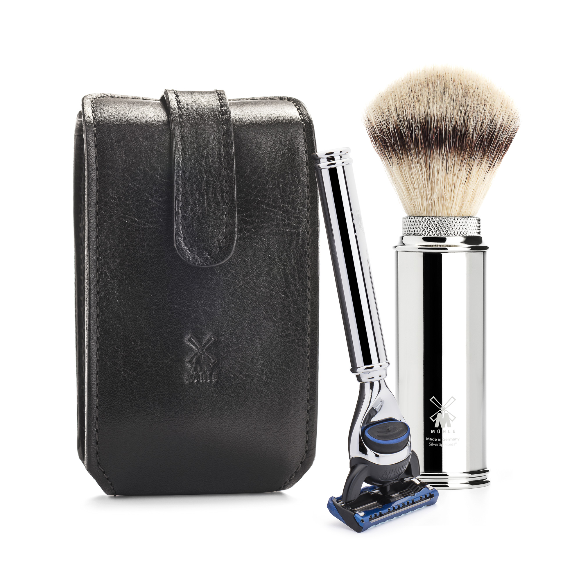 AMÜHLE - TRAVEL Serie - Reise-Rasierset - Gillette® Fusion™ & Silvertip Fibre® - schwarzes Leder-Etui