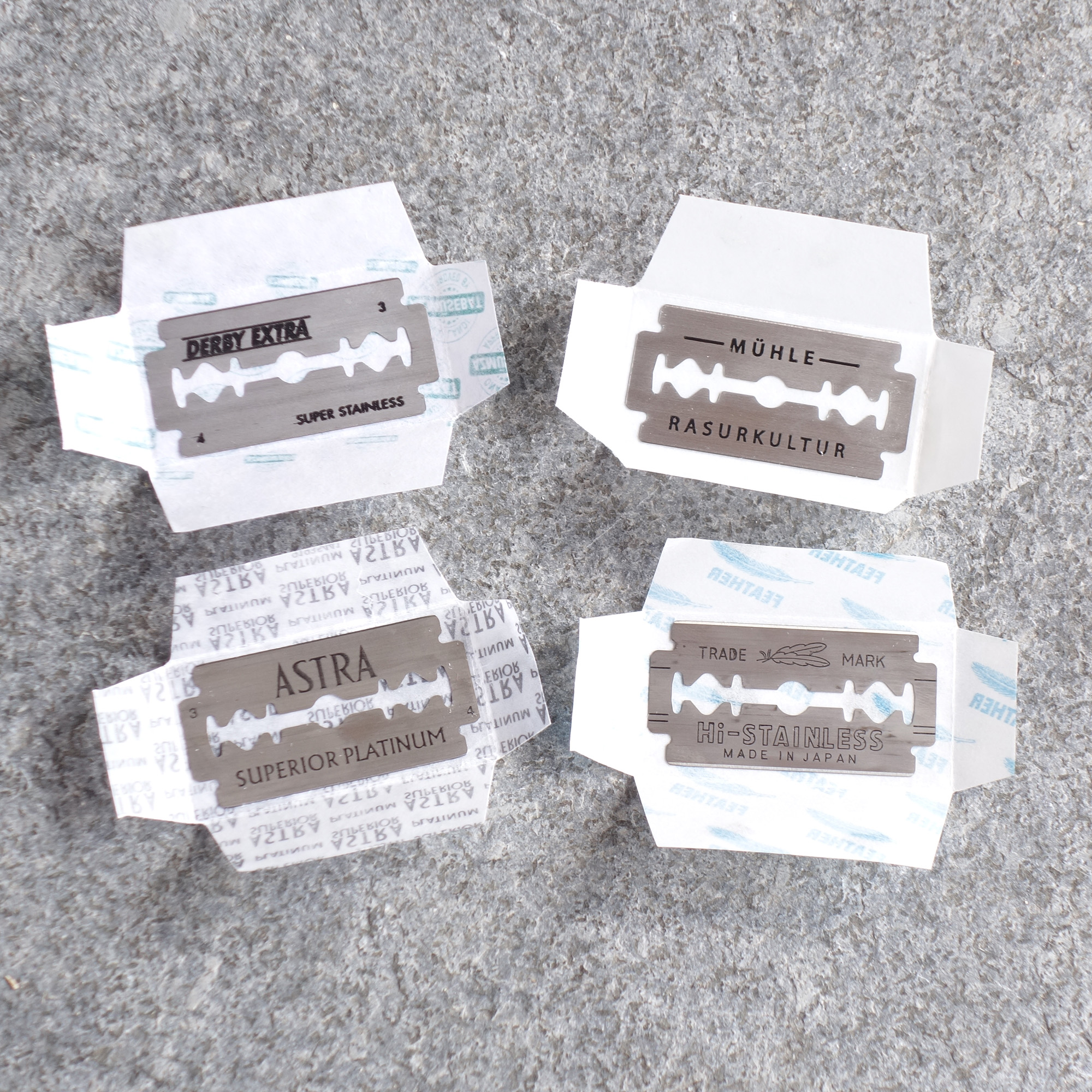 4 Rasierklingen zum Testen - Astra Superior, Derby Extra, Feather und MÜHLE