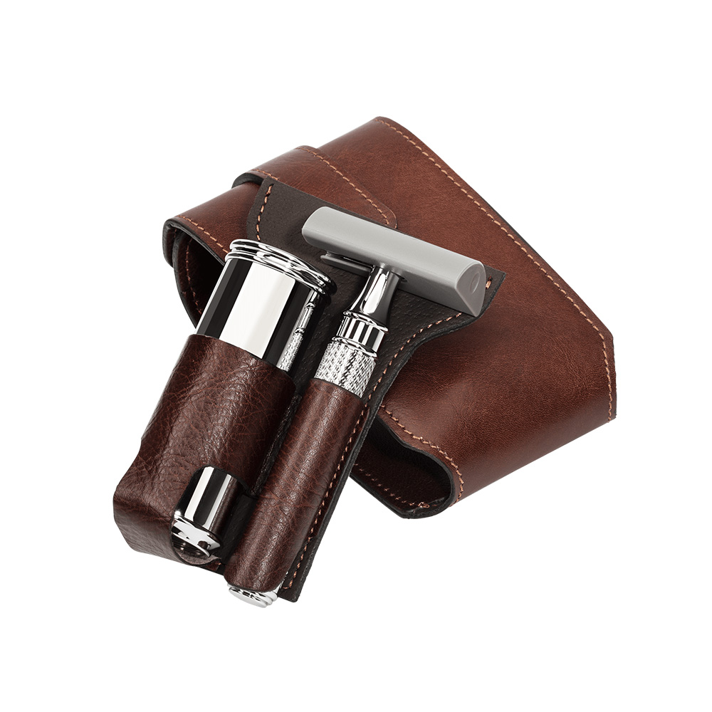 MÜHLE - Rasierset - TRAVEL - Silvertip Fibre® - Rasierhobel - Leder-Etui braun