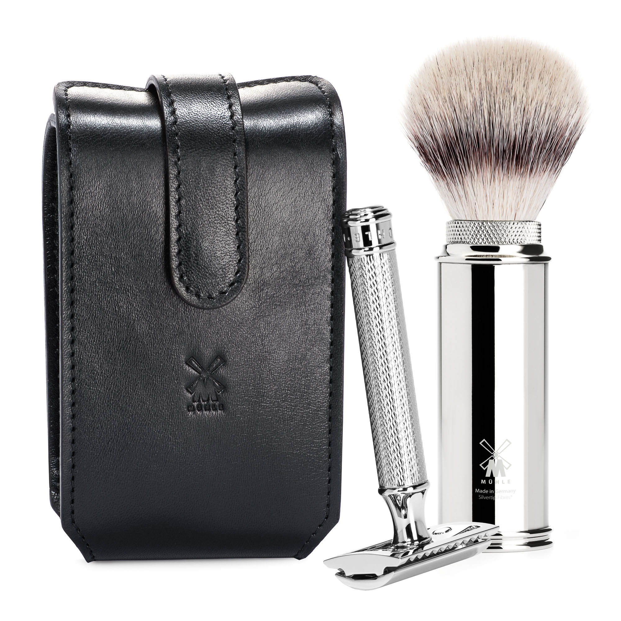 AMÜHLE - TRAVEL Serie - Reise-Rasierset - Klassischer Rasierhobel & Silvertip Fibre® - schwarzes Leder-Etui