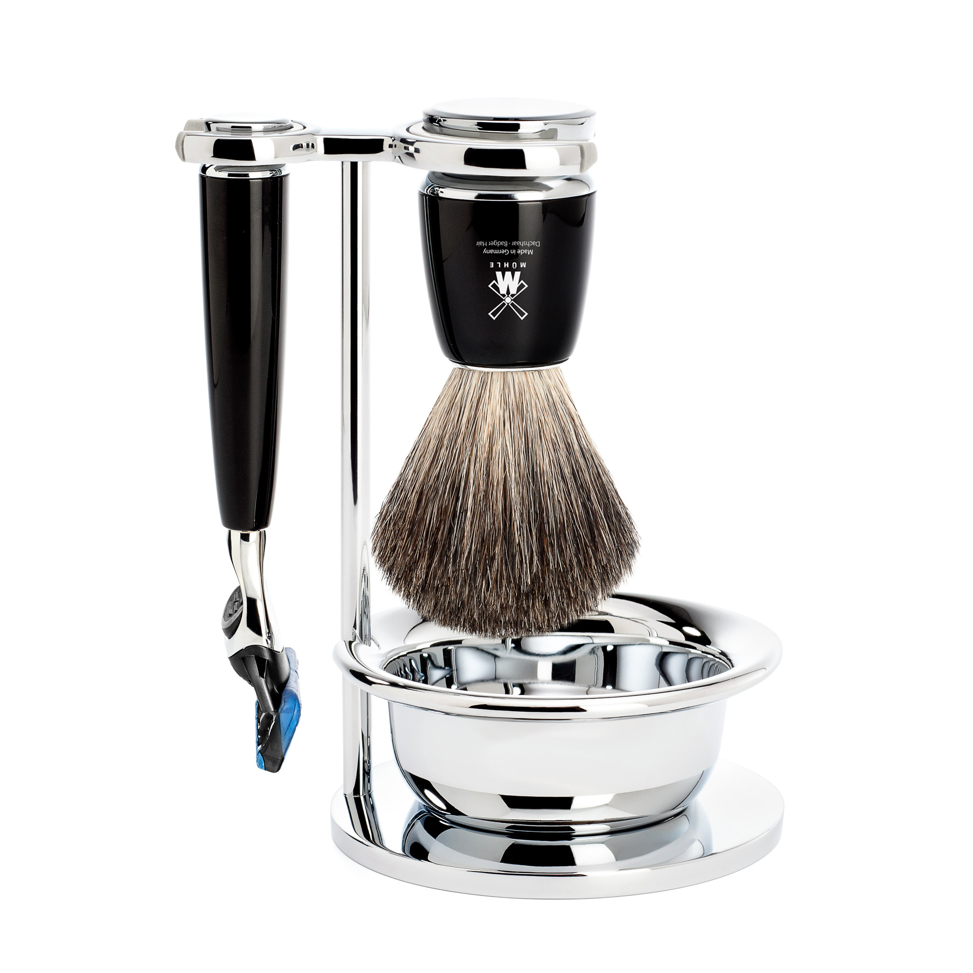 MÜHLE - Rasierset mit Schale - RYTMO - Reines Dachshaar - Gillette® Fusion™ - Edelharz schwarz