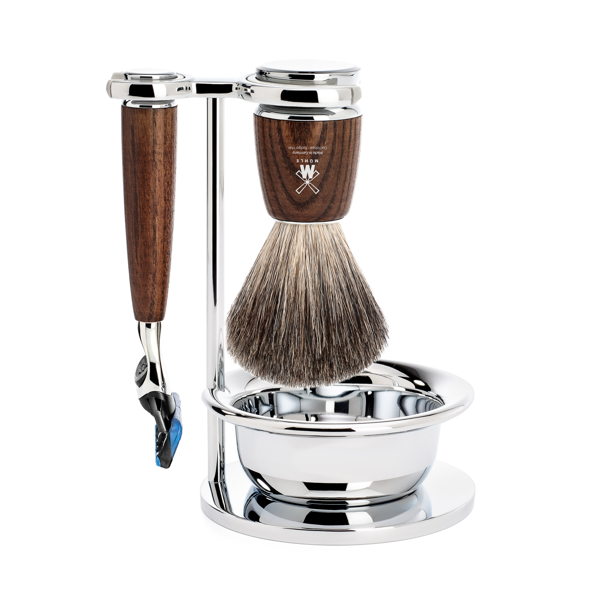 MÜHLE - Rasierset mit Schale - RYTMO - Reines Dachshaar - Gillette® Fusion™ - Esche gedämpft