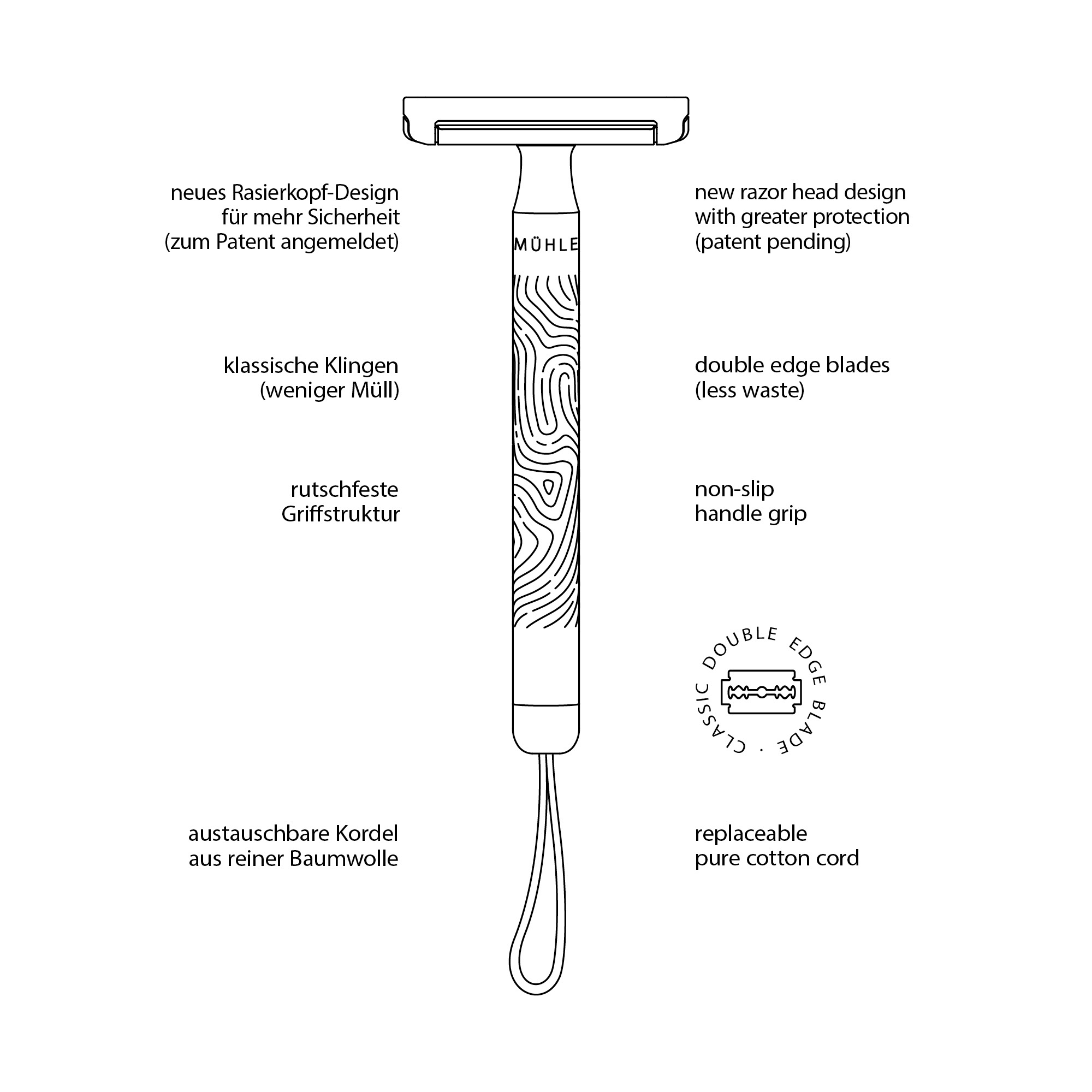MÜHLE - Rasierhobel - COMPANION Serie - für Körper- und Gesichtsrasur - unisex - Aufhängekordel turquoise