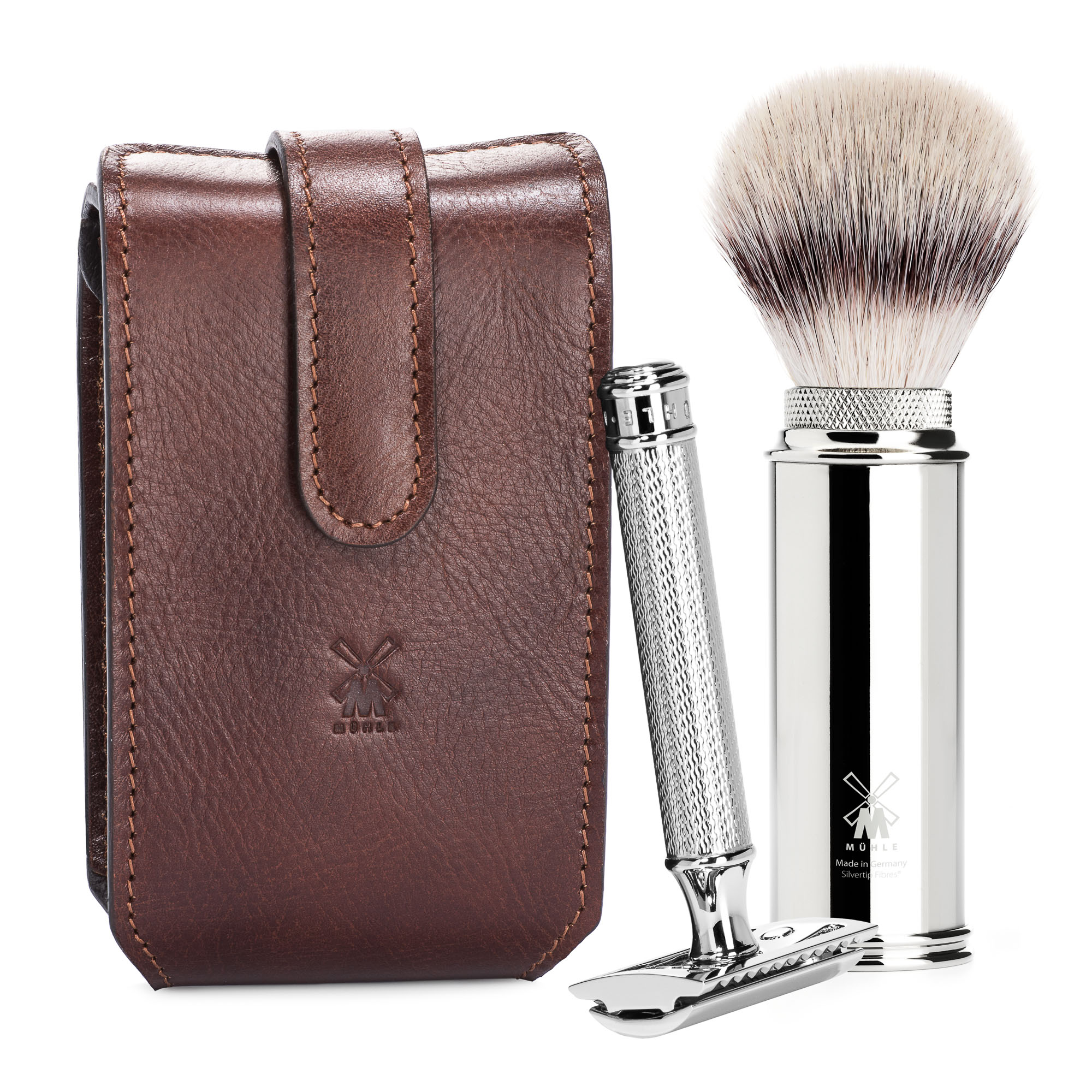 MÜHLE - Rasierset - TRAVEL - Silvertip Fibre® - Rasierhobel - Leder-Etui braun