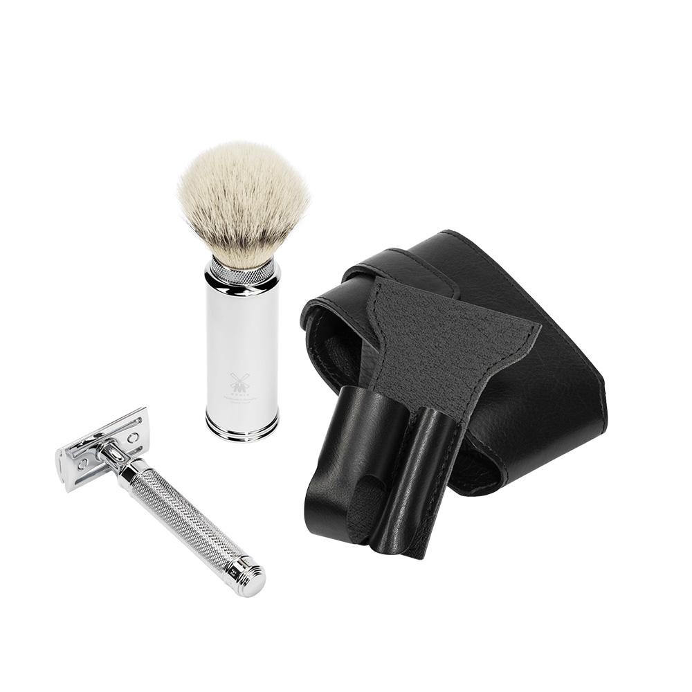 MÜHLE - Rasierset - TRAVEL - Silvertip Fibre® - Rasierhobel - Leder-Etui schwarz