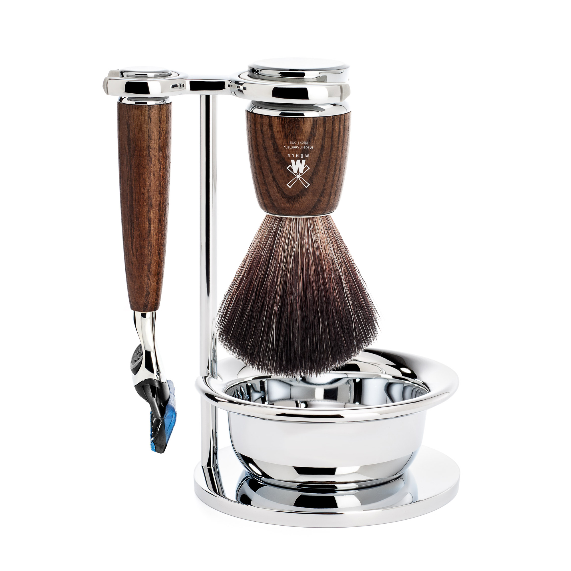 AMÜHLE - Rasierset mit Schale - RYTMO Serie - Black Fibre - Gillette® Fusion™ - Eschenholz dunkel